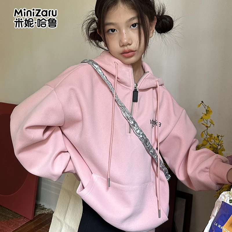 米妮哈鲁连帽卫衣纯色春秋长袖学生休闲百搭宽松舒适