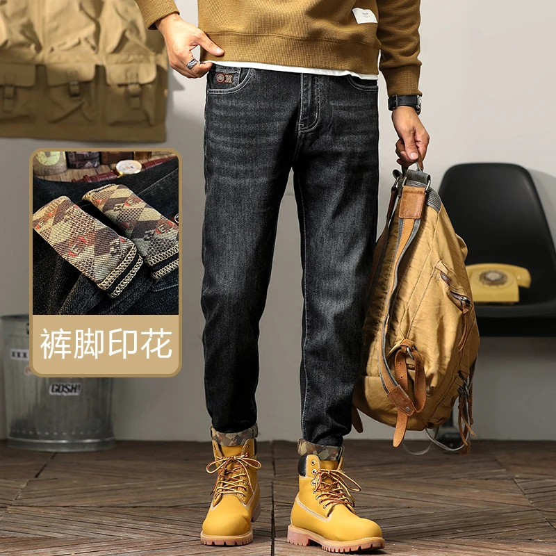 秋冬新款轻奢印花男士牛仔裤长裤男时尚百搭高品质宽松直筒裤9093