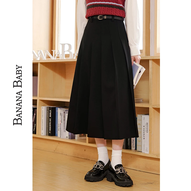 【7&7】BANANA BABY学院风文艺半身裙女简约中长款百褶裙D233QZ671