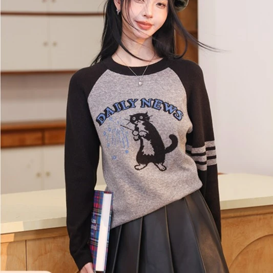 BANANA BABY美式复古插肩袖毛衣女百搭减龄撞色针织衫D234MY858