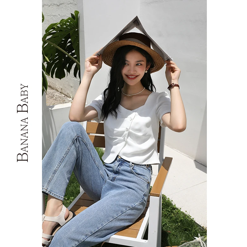 BANANA BABY气质法式方领衬衫女褶皱显瘦小众独特上衣D232CS336