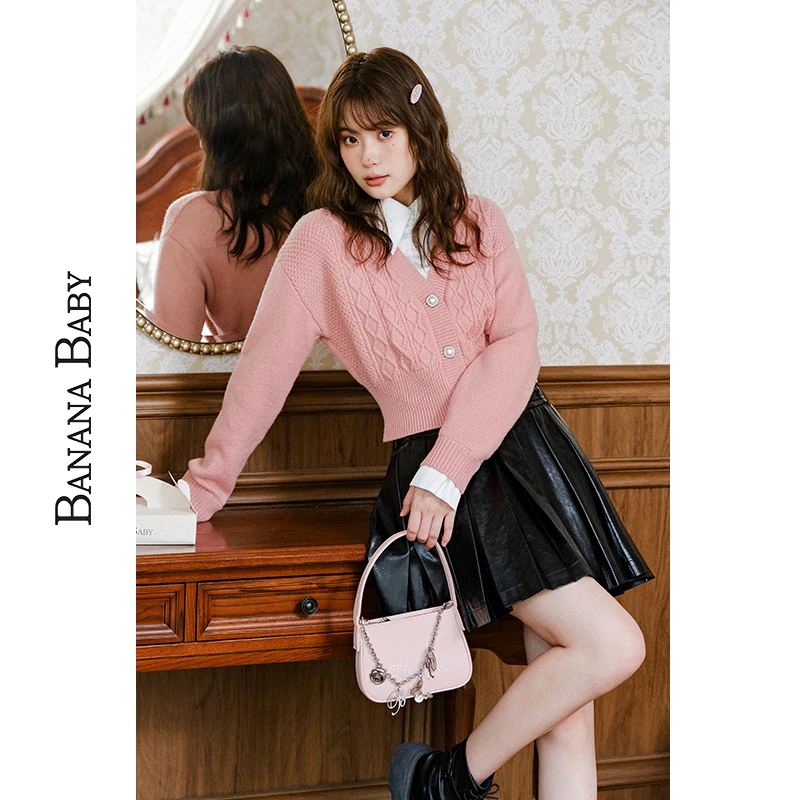 BANANA BABY2023秋新款法式衬衫领假两件针织衫女温柔风D233MY557