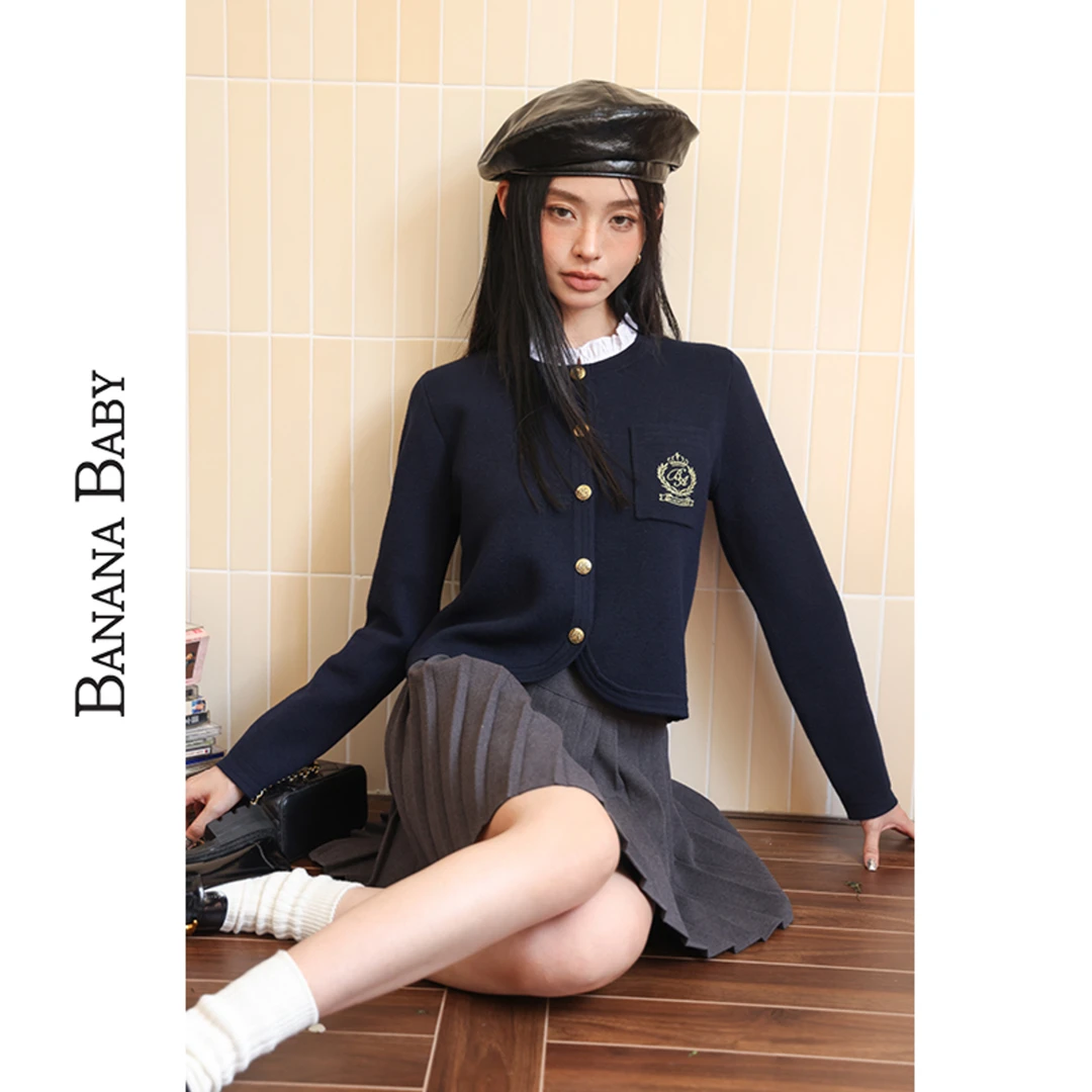 BANANA BABY复古学院风针织衫女减龄蓝色小D234MY755