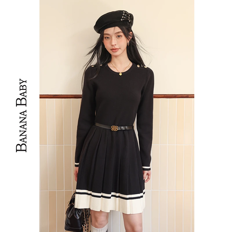BANANA BABY非正式学院风复古针织连衣裙女减龄百褶裙D234LY761