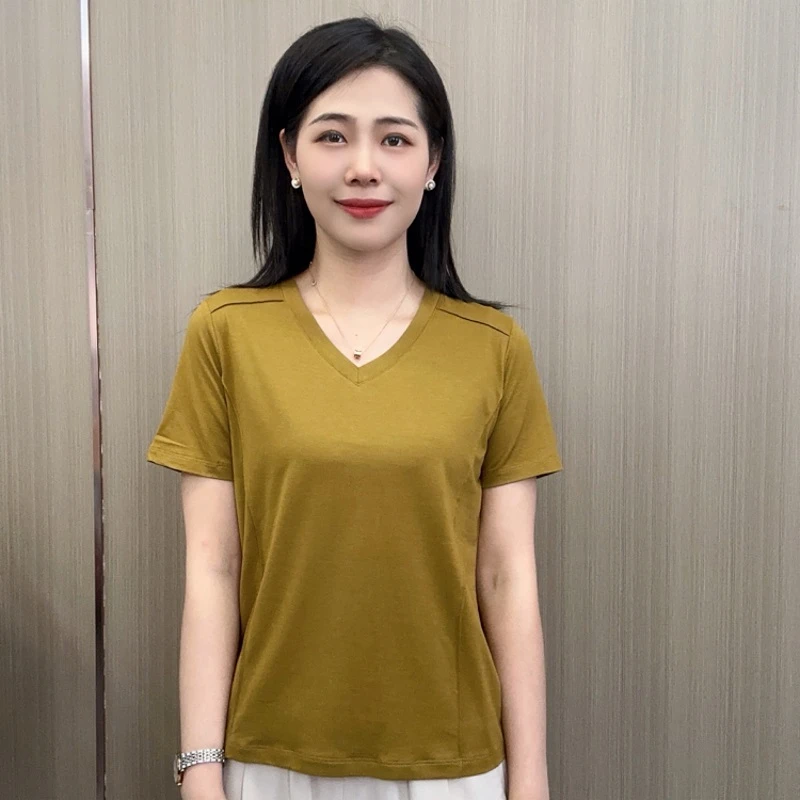 夏季新款女士重磅纯色V领短袖显瘦休闲百搭