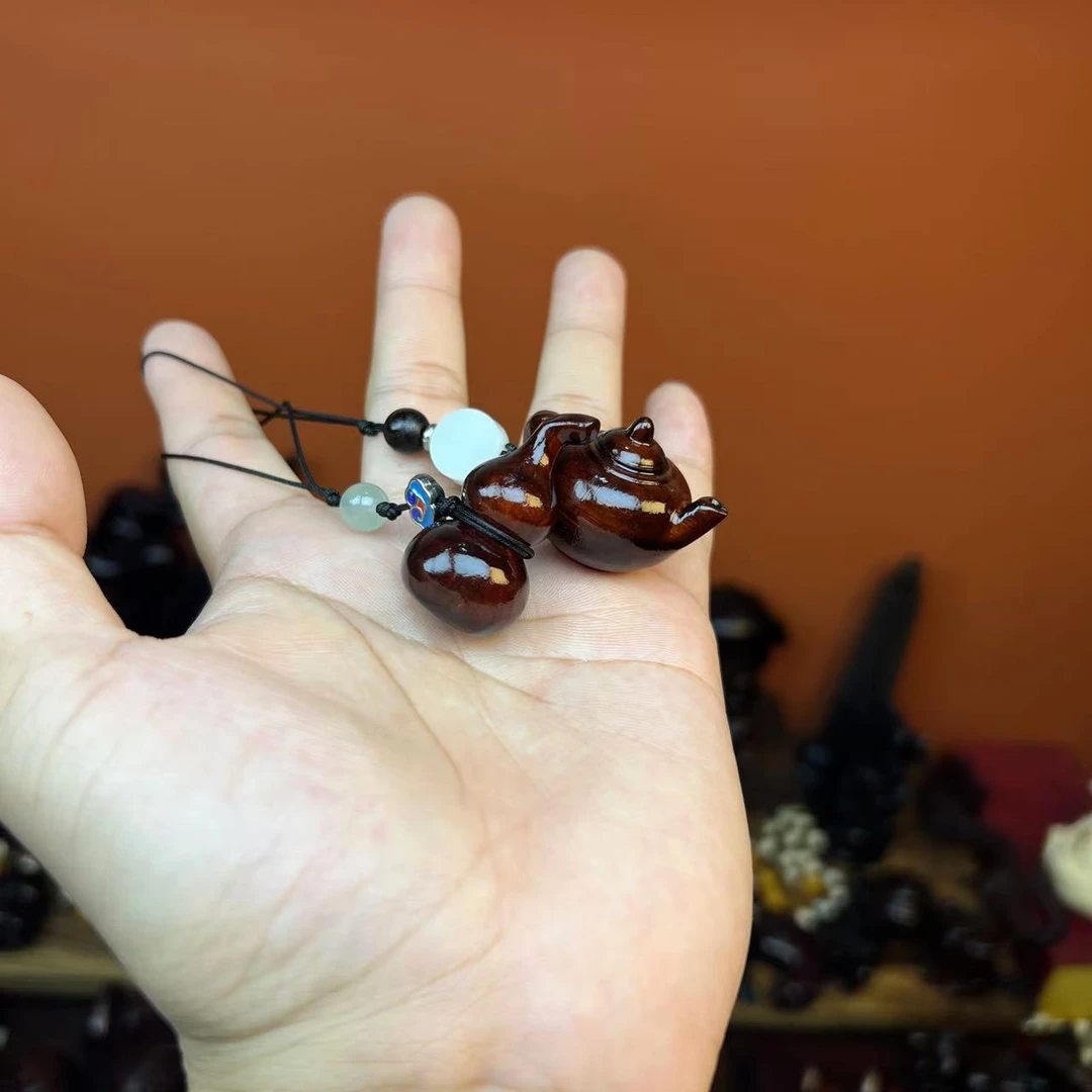 紫檀木【小葫芦＋小茶壶】实木雕刻手机钥匙扣小挂件