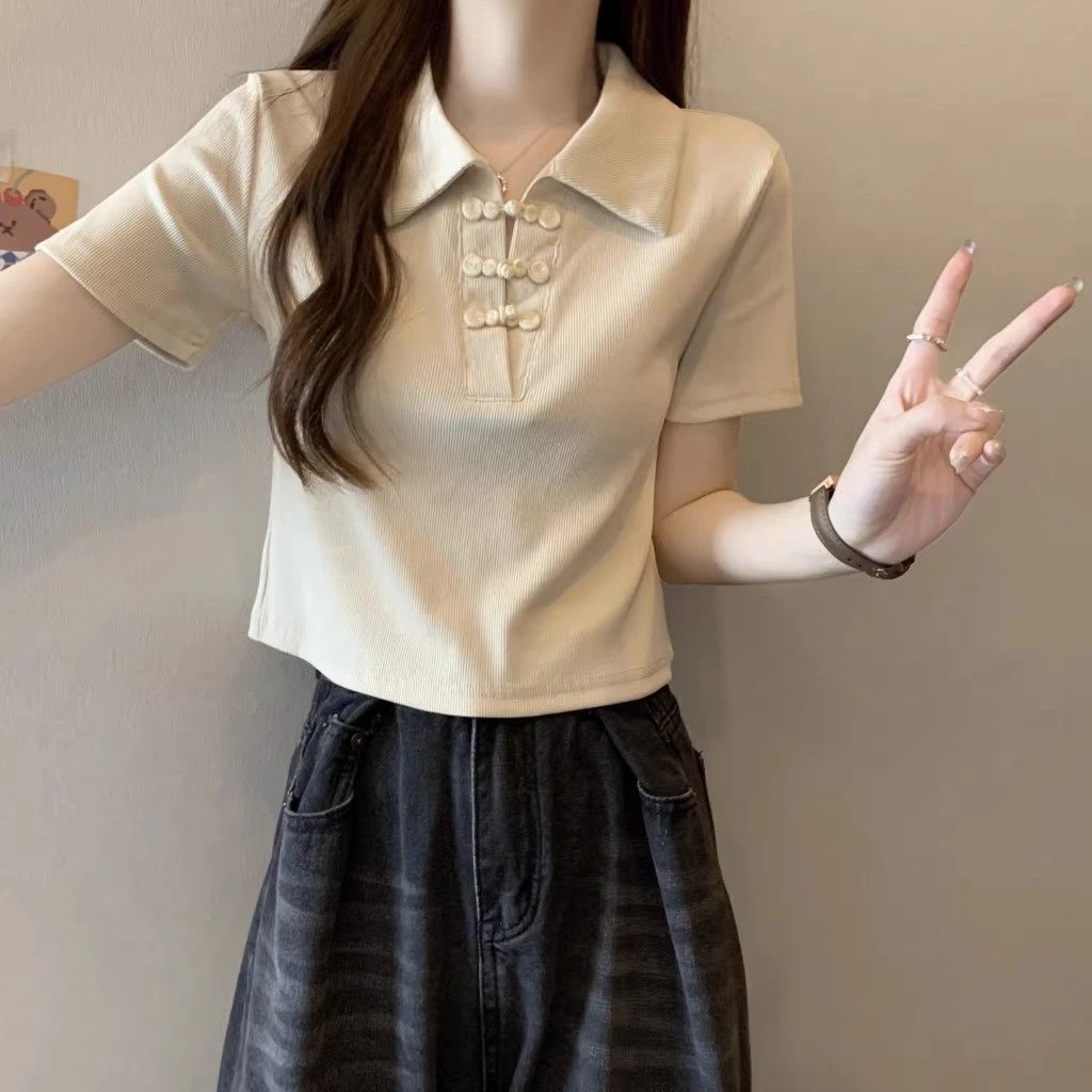 大码polo领国风短袖t恤女春秋胖mm遮肚显瘦短款正肩新中式盘扣上