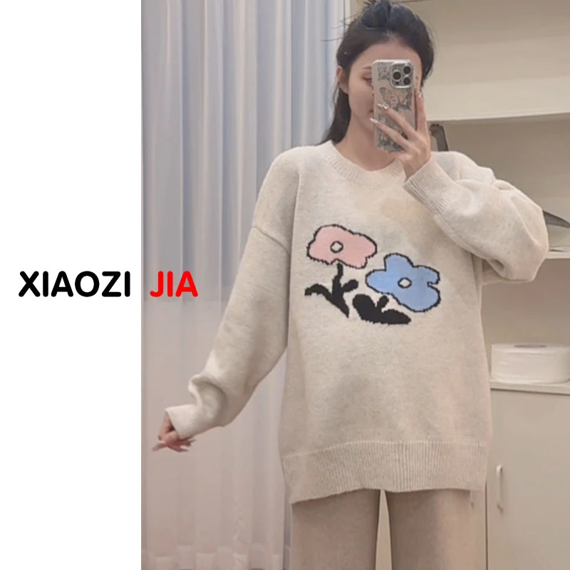 2025圆领毛衣秋冬新款爆款宽松针织衫冬季加厚小花图案打底衫上衣