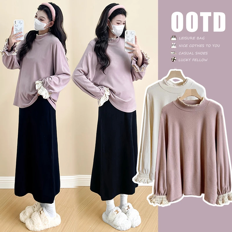 孕妇秋冬装2025新款小立领花边袖长袖上衣磨毛弹力百搭孕妇打底衫