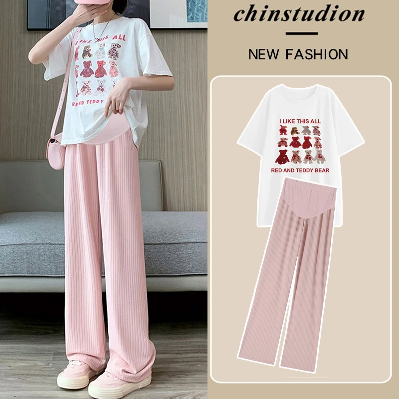 孕妇装夏装宽松大码短袖上衣卡通多多熊T恤孕妇套装休闲两件套潮