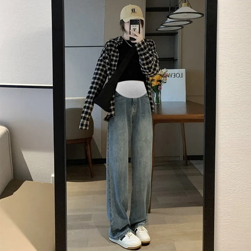 现货孕妇阔腿牛仔裤宽松秋款外穿显瘦垂感直筒拖地裤潮妈高腰托腹