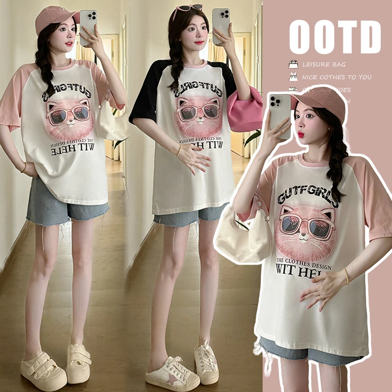 孕妇装2025 夏季新款韩版印花宽松孕妇T恤上衣辣妈款气质孕妇上衣