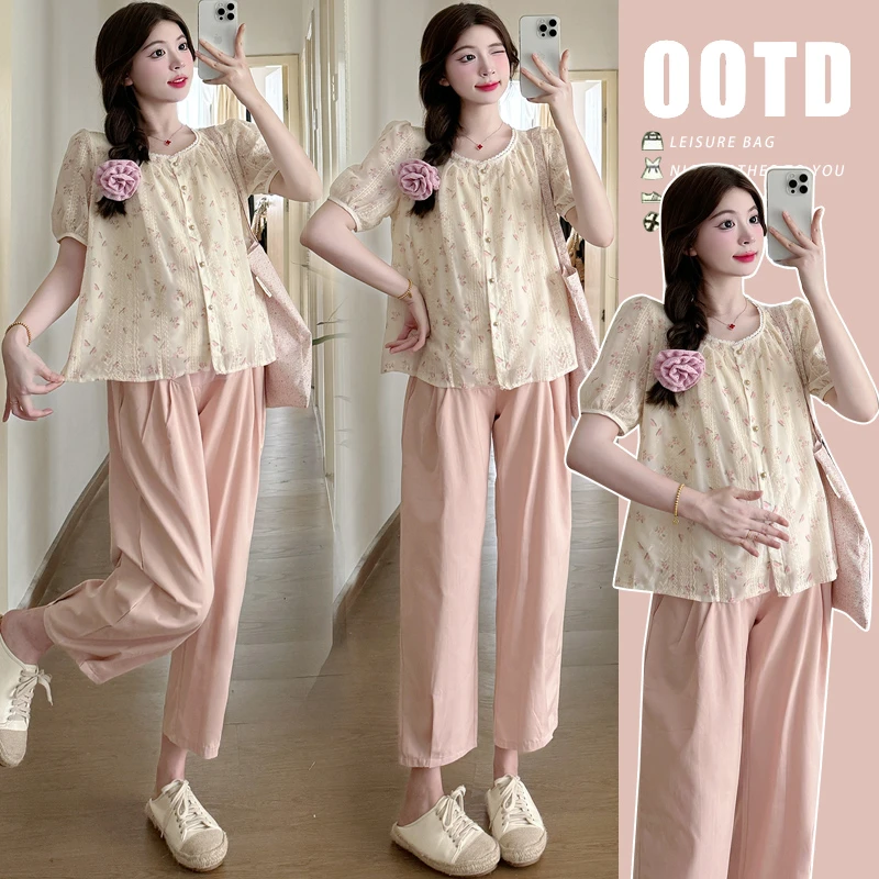 孕妇装2024夏季韩版宽松甜美减龄碎花娃娃衫+休闲工装裤孕妇套装