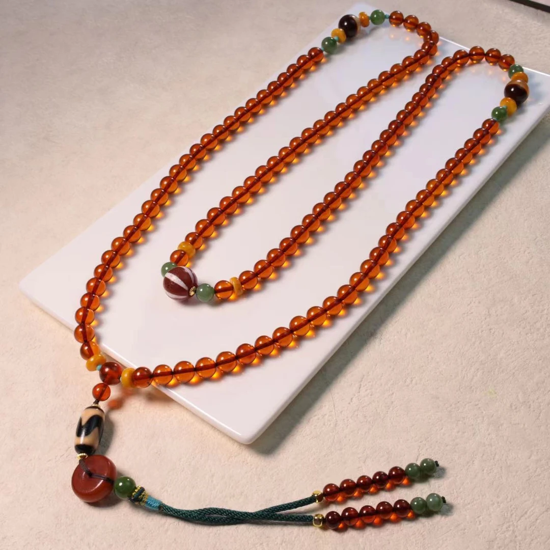 【心如珠宝精品店】重绮窗迟│血珀设计款108项链XK02038