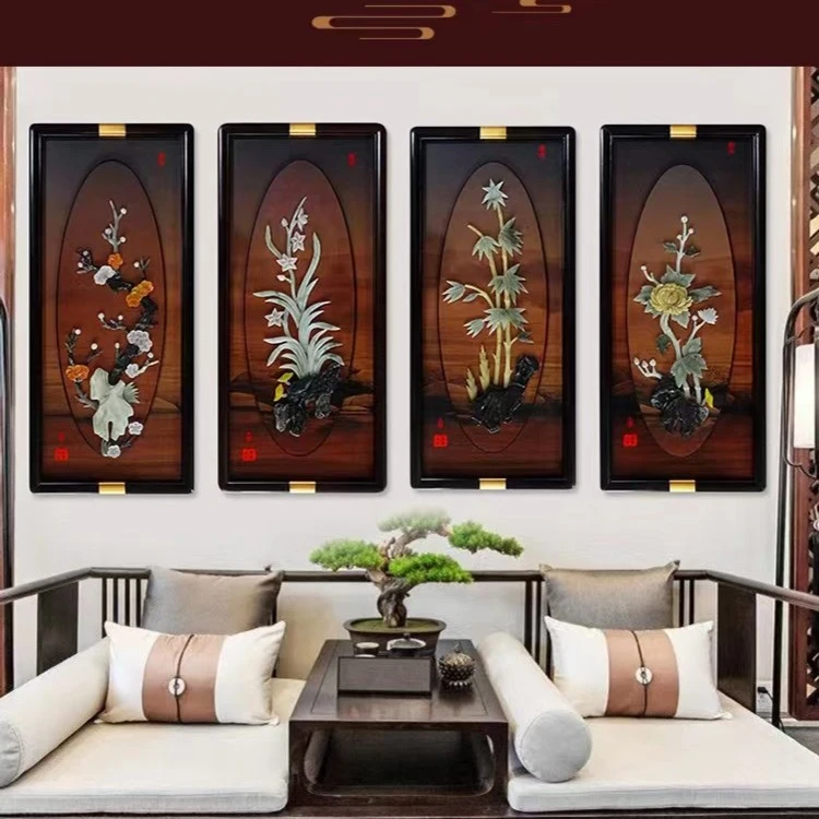 梅兰竹菊挂画四件套 客厅新中式实木装饰画工艺浮雕