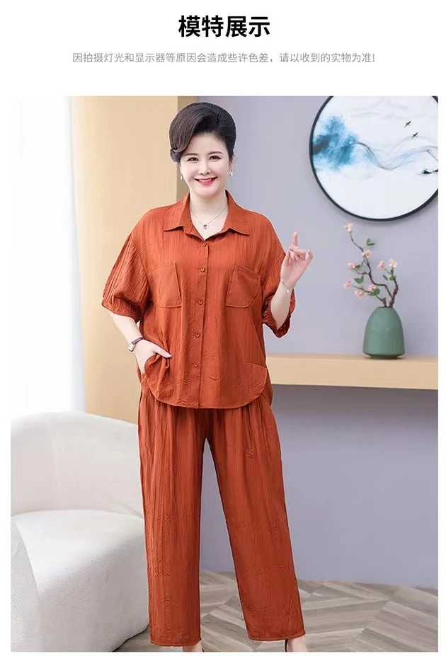 2024夏季大码女装中年妈妈时尚两件套短袖衫套装