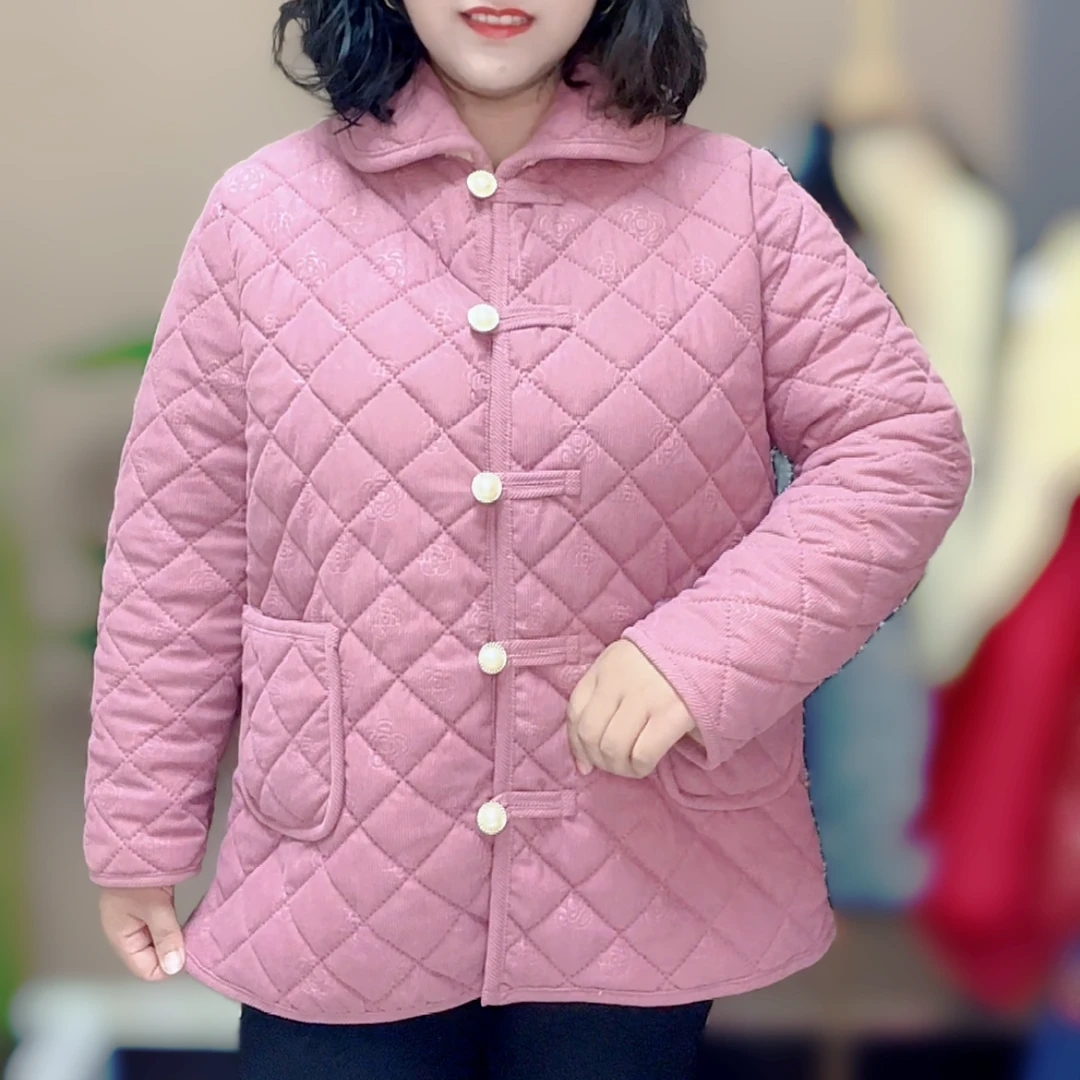 大码妈妈装气质冬季加绒加厚保暖棉衣女装纯色棉袄棉服