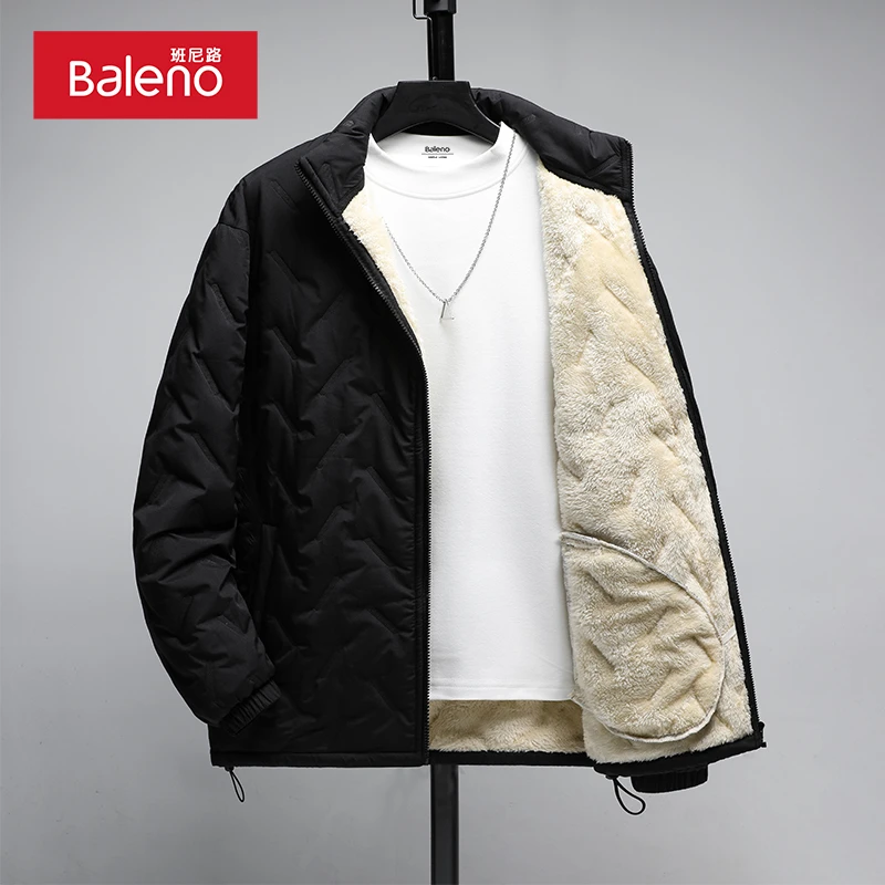 班尼路冬季加绒外套男士青年休闲保暖棉衣男羊羔绒立领夹棉袄子潮