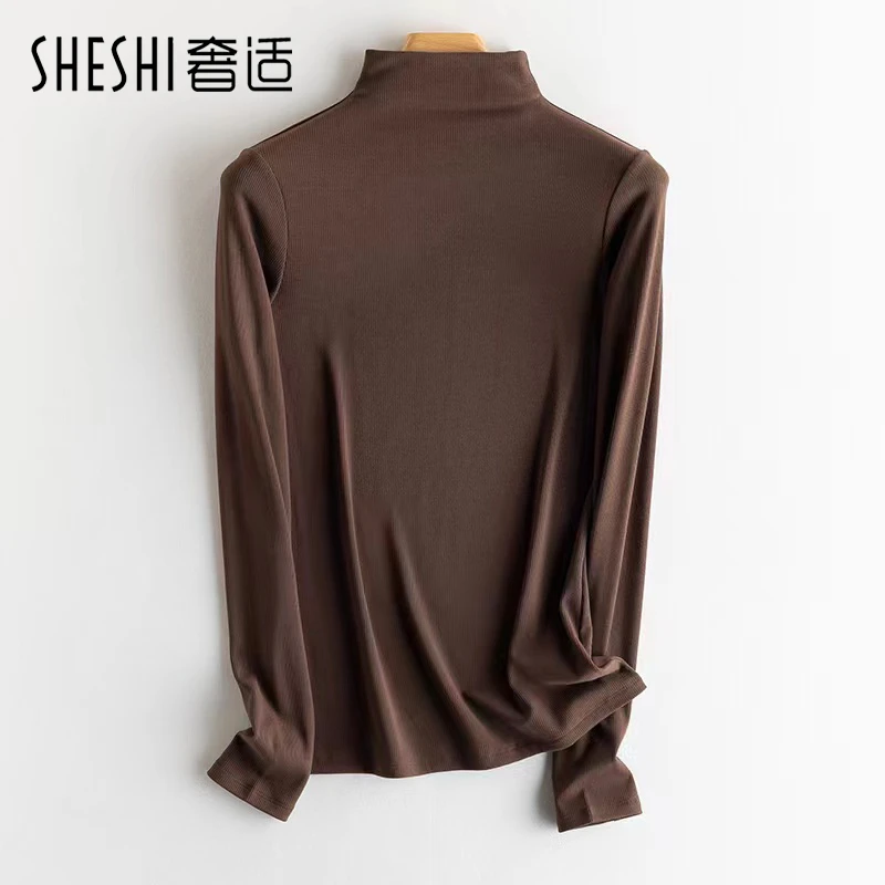 奢适自发热蚕丝螺纹长袖针织衫女秋冬半高领针织打底衫 衣长61cm