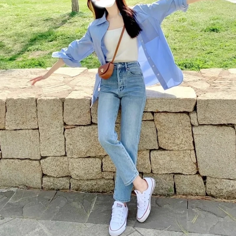 雪千羽夏季薄款直筒牛仔裤女2025小个子八分九分显瘦浅色烟管裤子