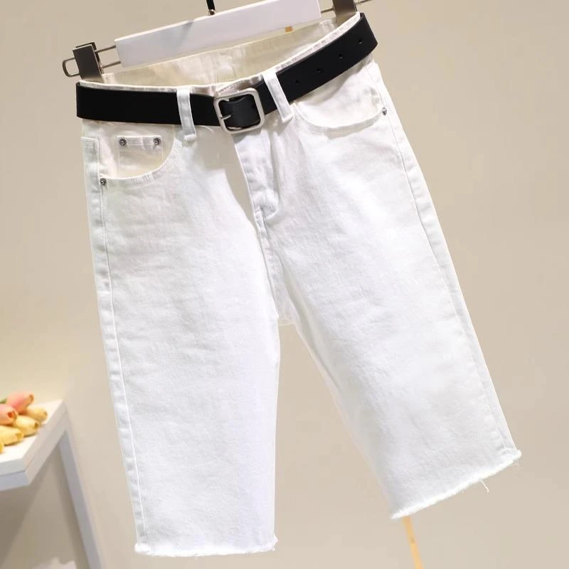 雪千羽2025年新款夏季牛仔短裤女紧身铅笔弹力五分裤显瘦白色中裤