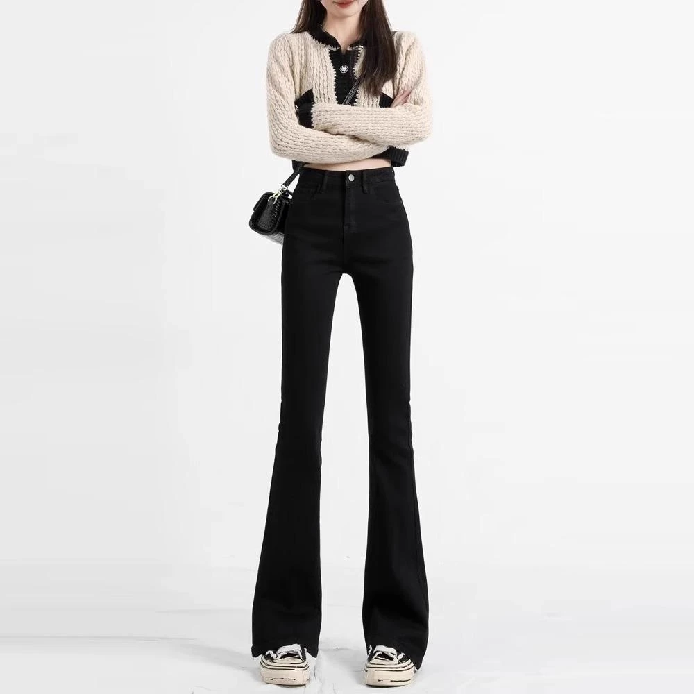 黑色微喇叭牛仔裤女高腰2024年春季新款弹力显瘦小个子拖地马蹄裤