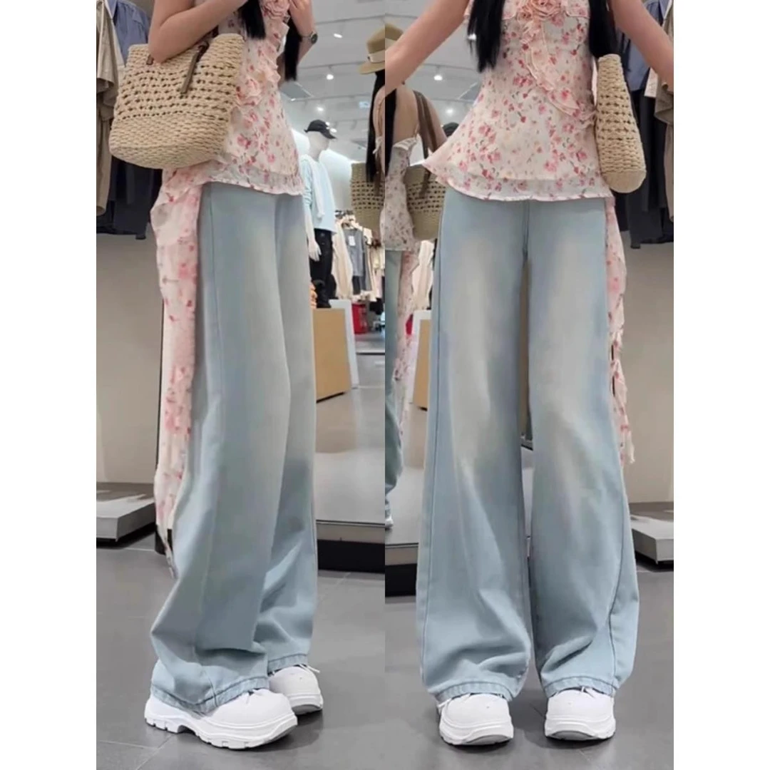 雪千羽浅色天丝直筒牛仔裤女夏季薄2025梨形身材显瘦裤子阔腿长裤