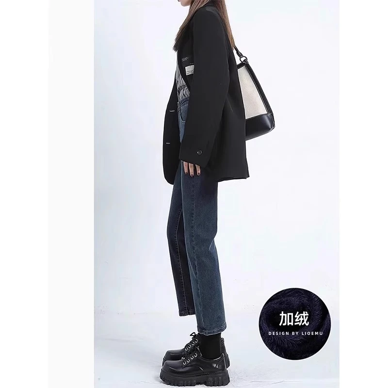 雪千羽直筒牛仔裤女冬2025新款高腰弹力修身显瘦小个子加绒烟管裤