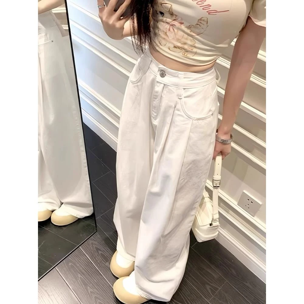 雪千羽白色高腰垂感阔腿牛仔裤女2025春秋新款褶皱宽松休闲直筒裤