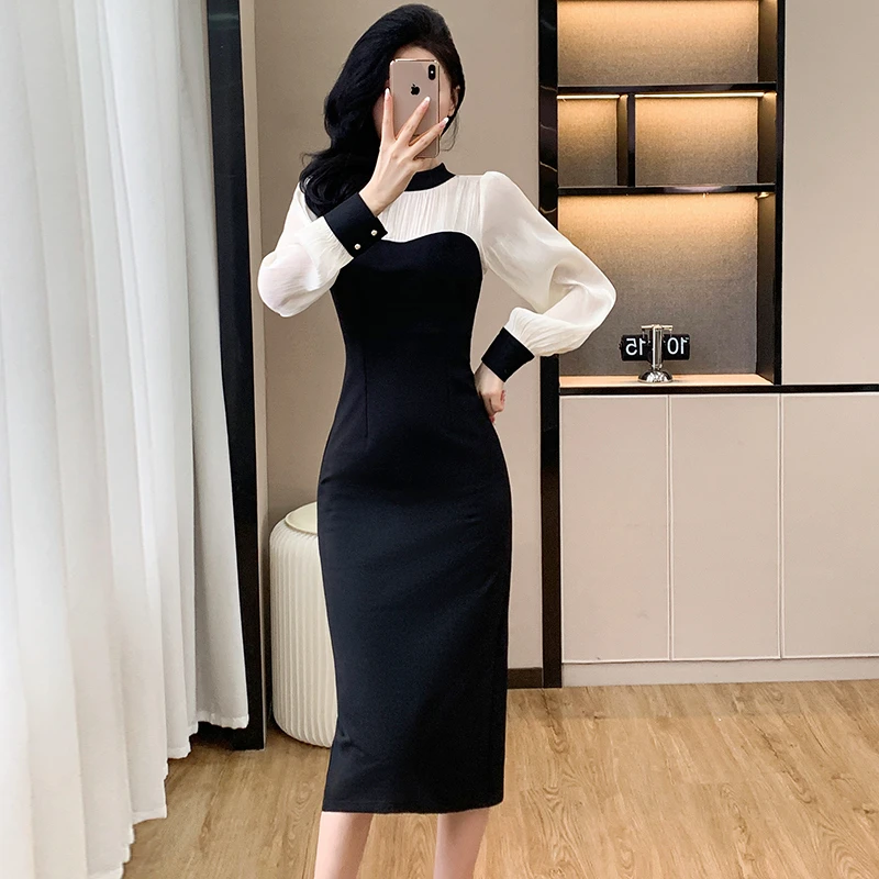 秋冬修身黑色拼接长袖开叉连衣裙法式气质名媛显瘦收腰包臀裙子