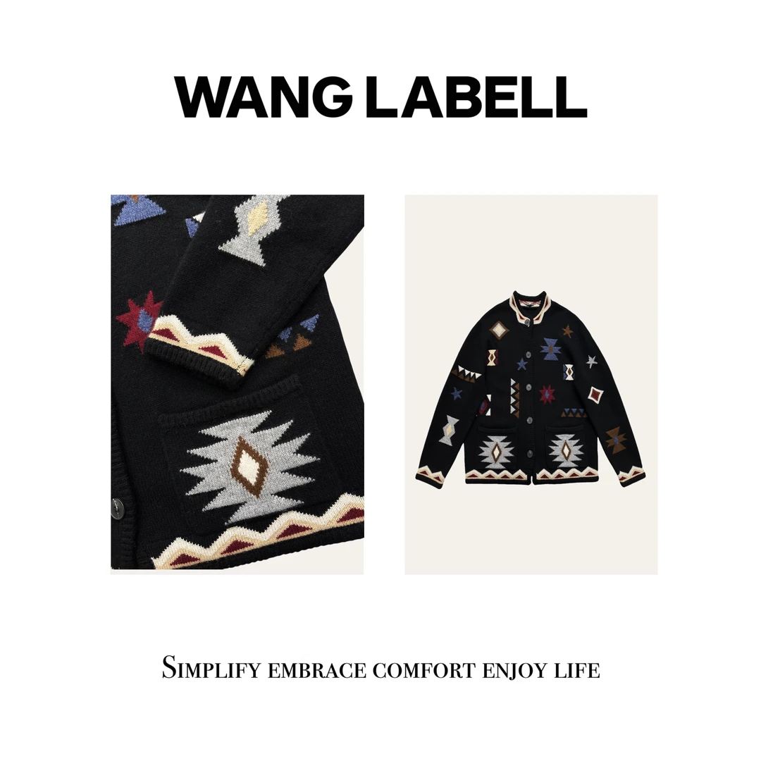 【王斌家】 |   几何绵羊毛开衫  美式休闲针织圆领小众潮牌时尚