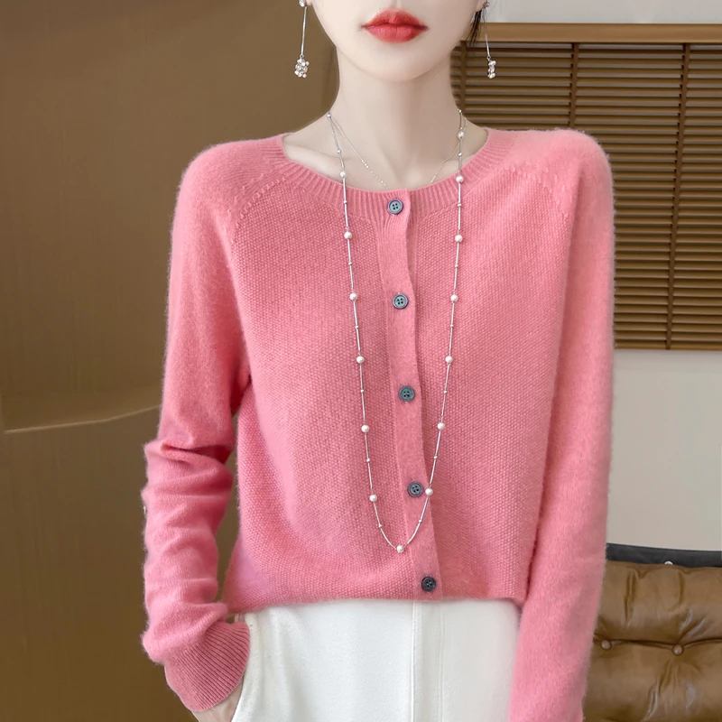 100纯羊毛 女一线成衣桂花针圆领百搭开衫羊毛衫针织衫