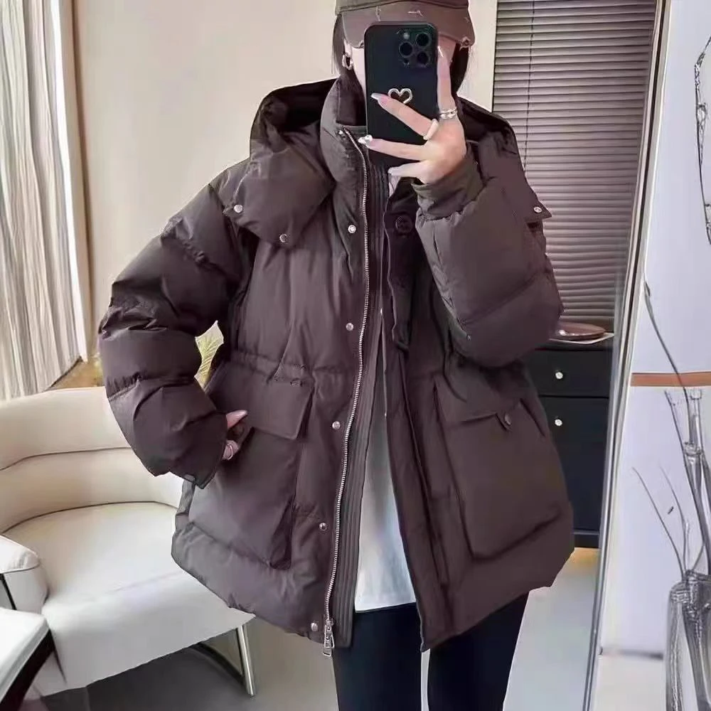 新款韩版百搭中长款羽绒服加厚三扣连帽保暖外套女5042