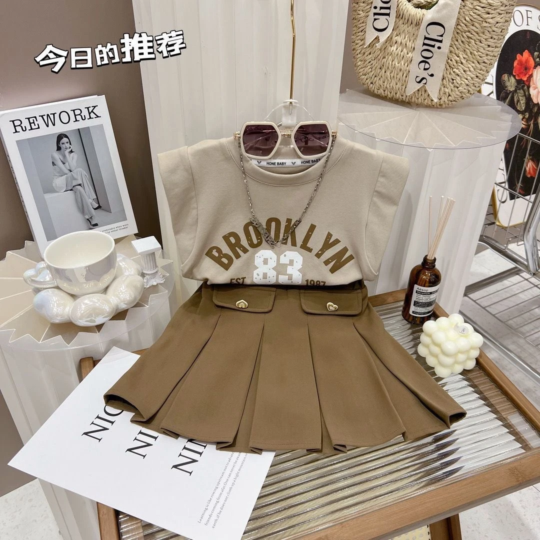 女童夏季套装2024新款网红中大儿童洋气韩版无袖背心百褶裙两件套