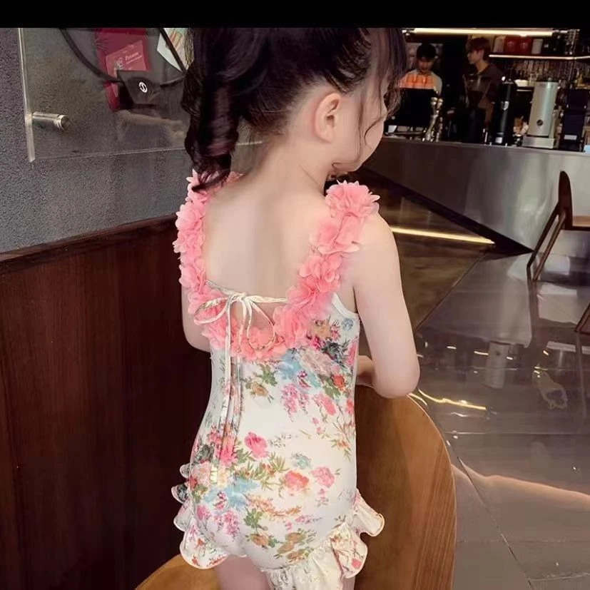 女童碎花连体泳衣油画花园超萌洋气碎花立体花朵美背女孩泳衣