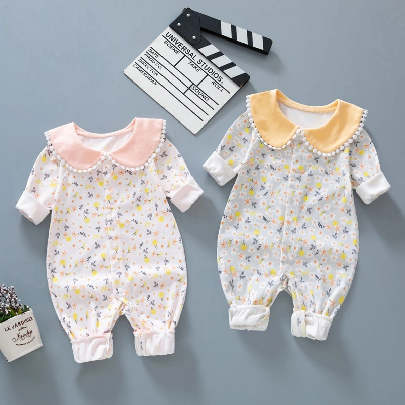 婴儿连体衣春秋季纯棉无骨长袖碎花洋气薄款新生儿外出爬服哈衣