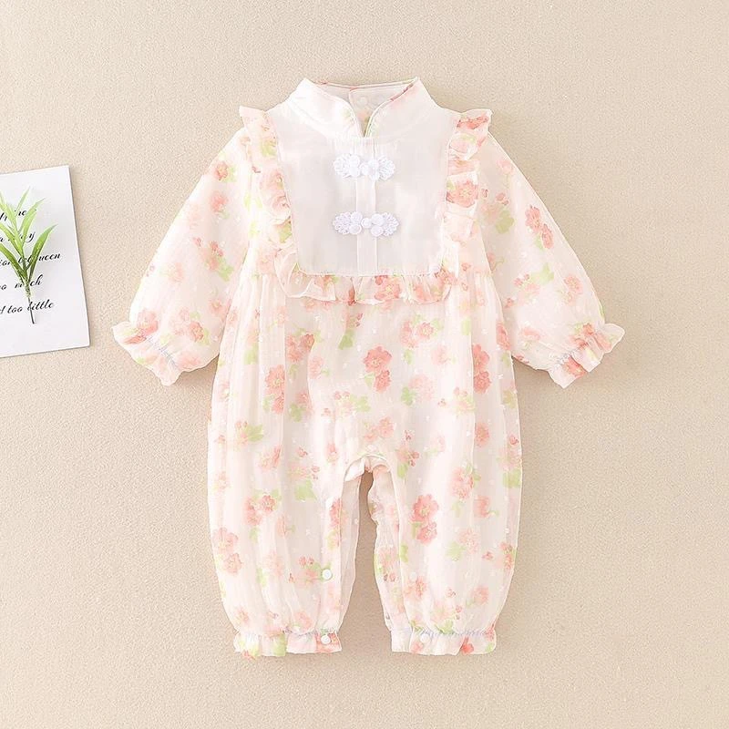 婴儿衣服春秋装连体衣女宝宝洋气外出抱衣满月百天公主风哈衣爬服