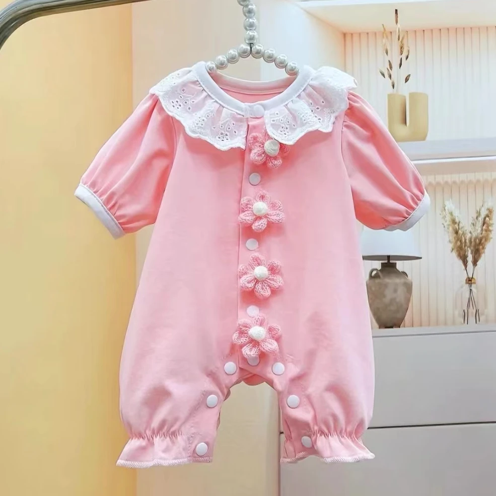 新生婴儿衣服夏装薄款女宝宝连体衣短袖夏季满月百天超萌公主哈衣