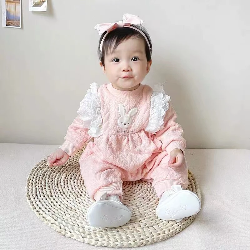 新生婴儿双层连体衣春秋周岁礼服女宝宝洋气加绒哈衣爬服秋装衣服