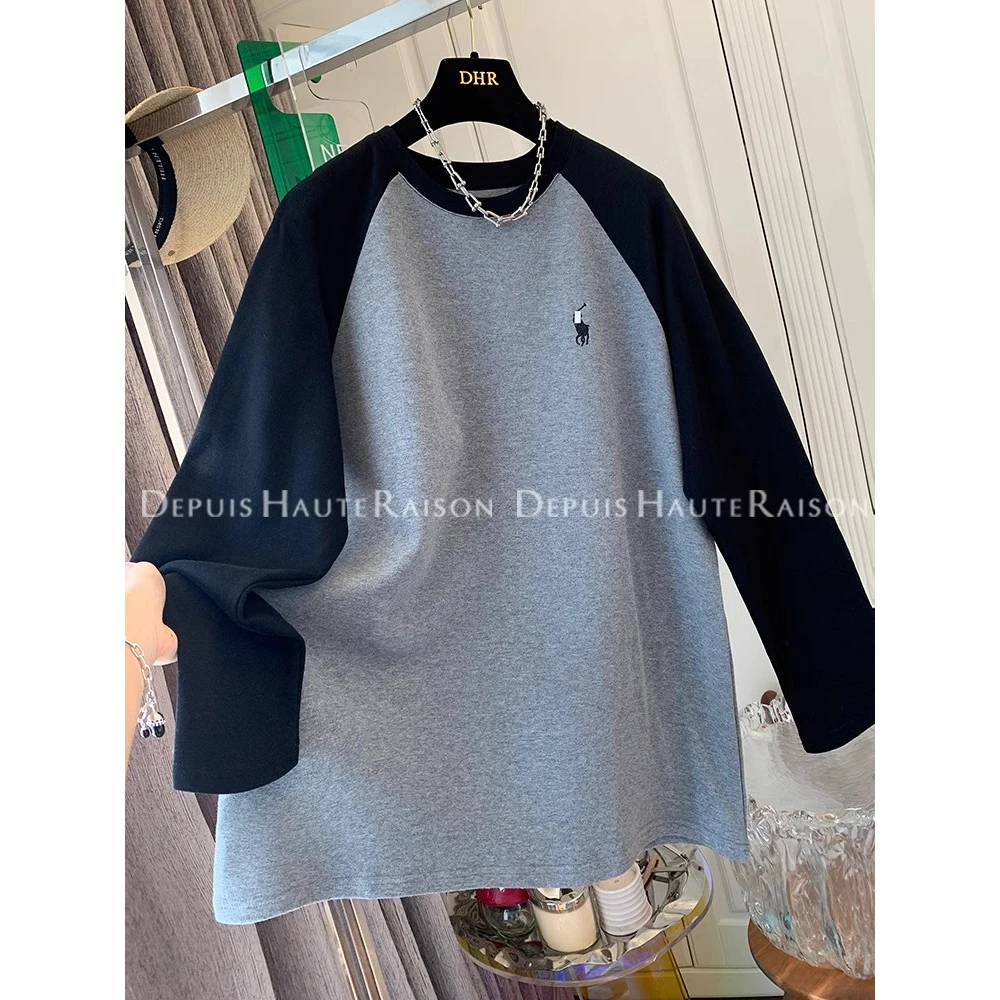 【胖妹妹】大码240斤撞色加厚磨毛加厚打底运动休闲T恤宽松上衣秋冬