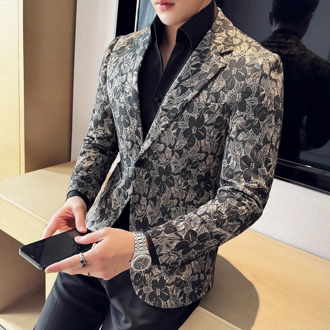 罗尔基那斯绣花西装外套男士商务休闲百搭潮流修身时尚后开衩西服