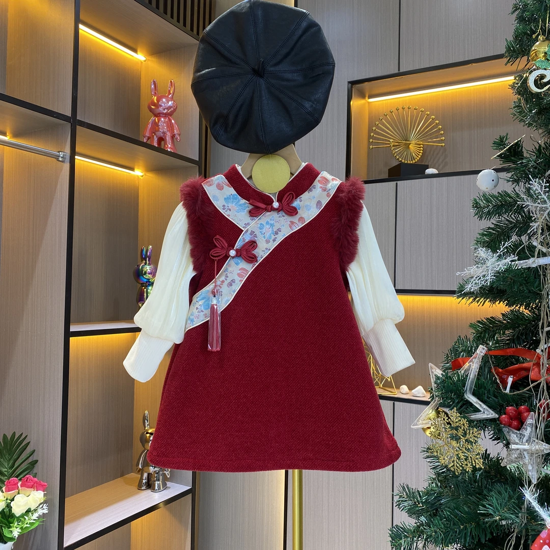 女童国风旗袍加绒连衣裙两件套冬季中国风唐装拜年服红色旗袍裙
