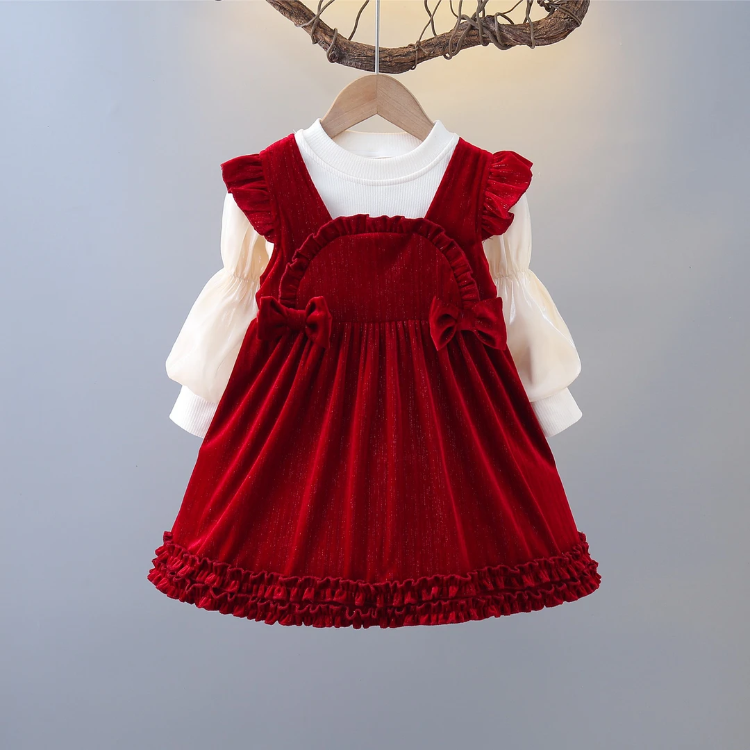 L129款女童2024秋冬新款洋气时尚中小童宝宝长袖红色连衣裙套装