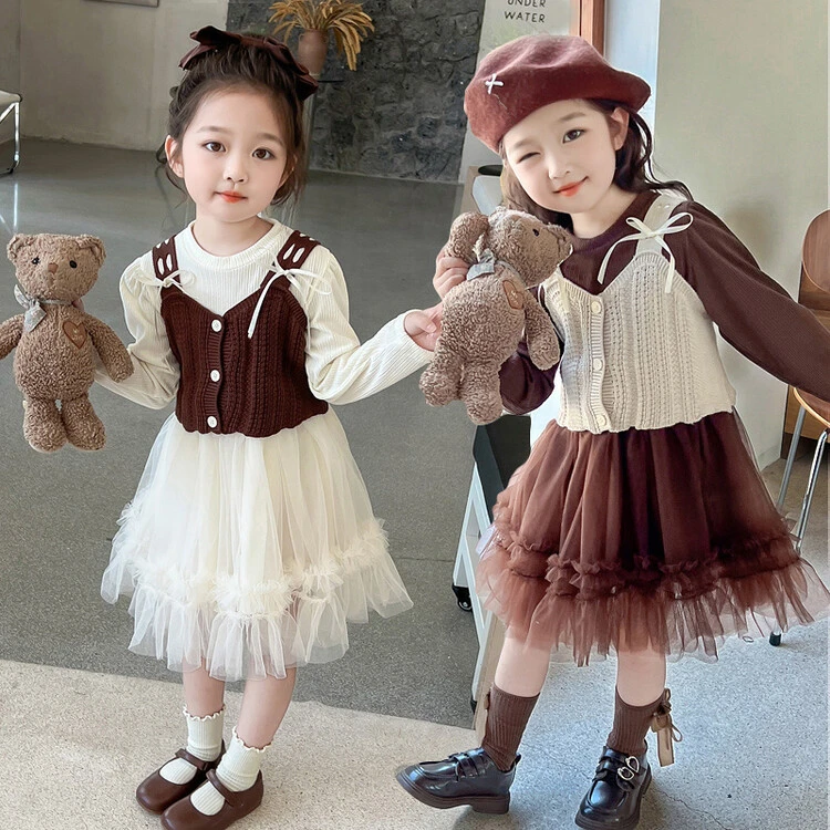 L030款女童秋季新款马甲纱裙两件套中小童洋气真两件公主连衣裙