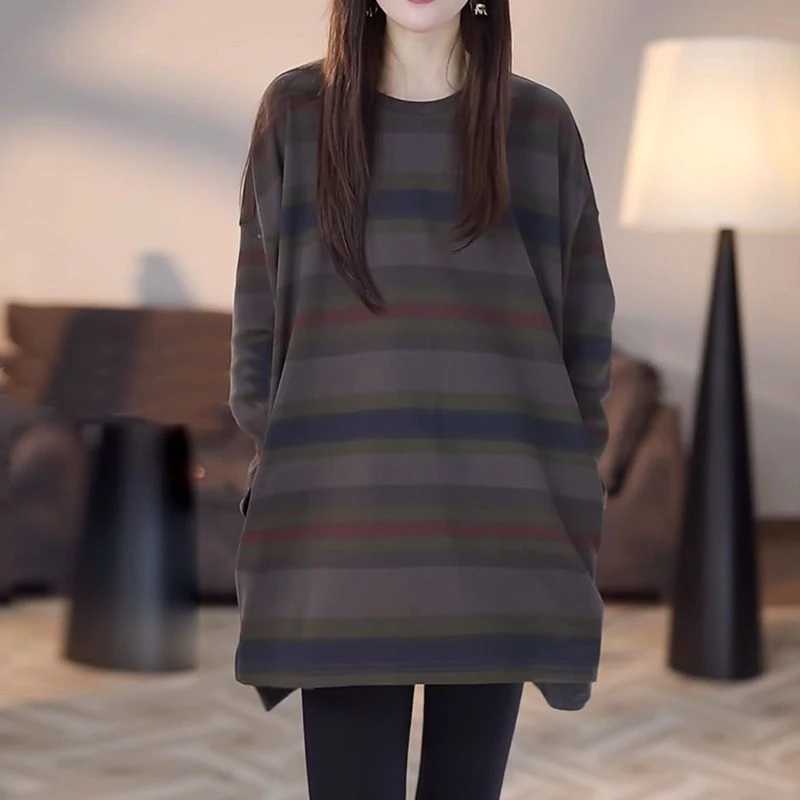 爆款休闲加厚卫衣女2024年冬季新款宽松潮流条纹连衣裙中长款t恤