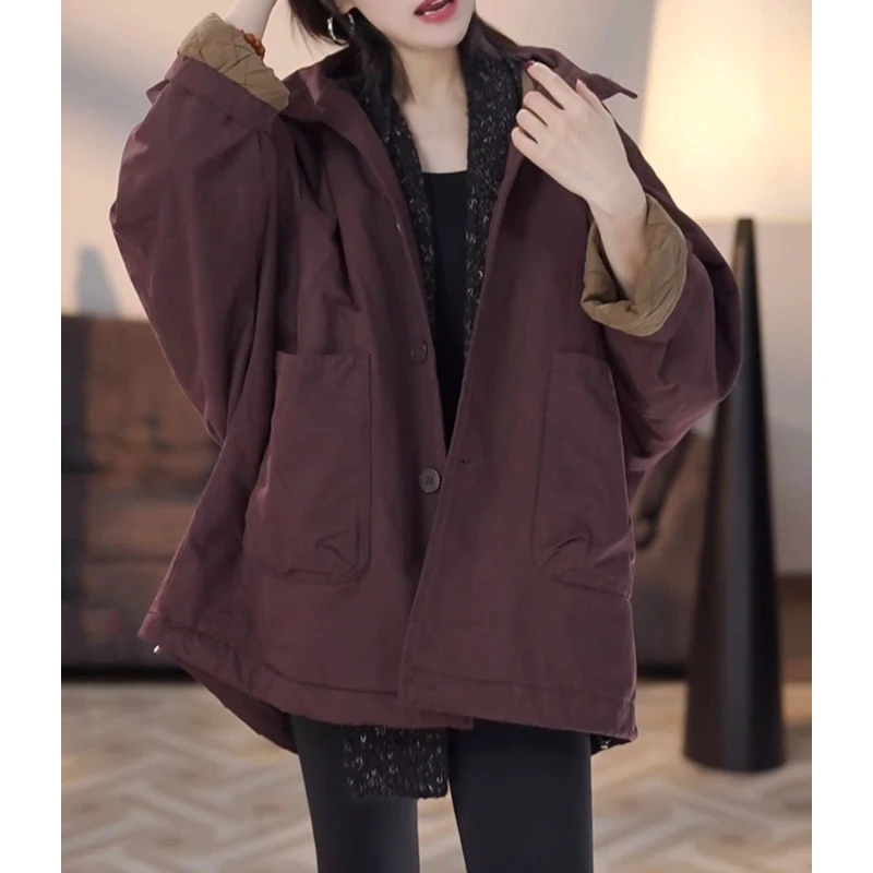 高级感休闲宽松中长款夹棉黑色外套女秋冬新款连帽棉衣棉服女冬季