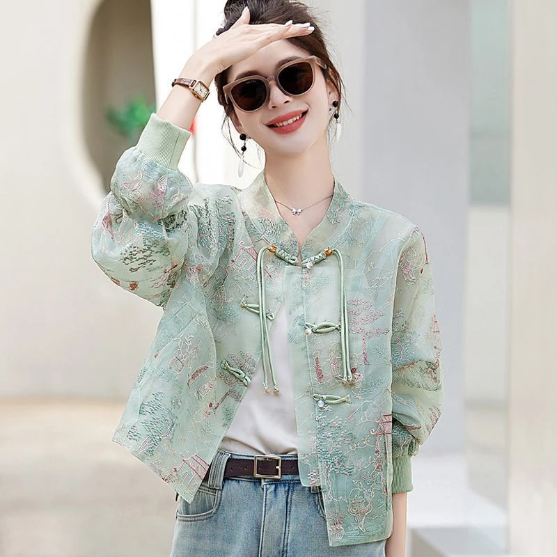 韩版宽松刺绣复古洋气外搭花色时尚印花春秋长袖短外套薄款防晒