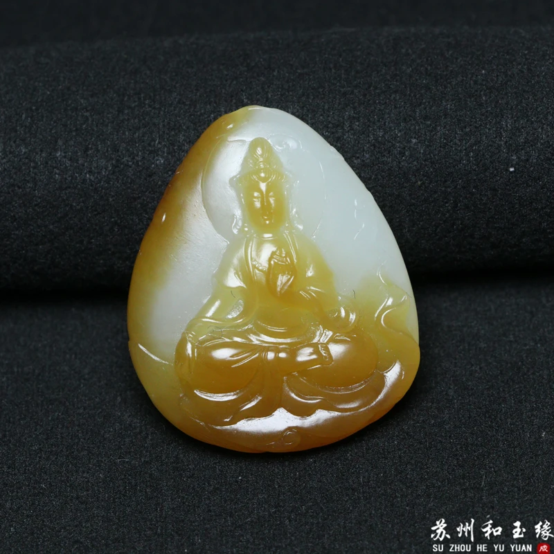 新疆和田玉且末金山糖白观音牌玉石吊坠苏工男士高端挂件女款项链