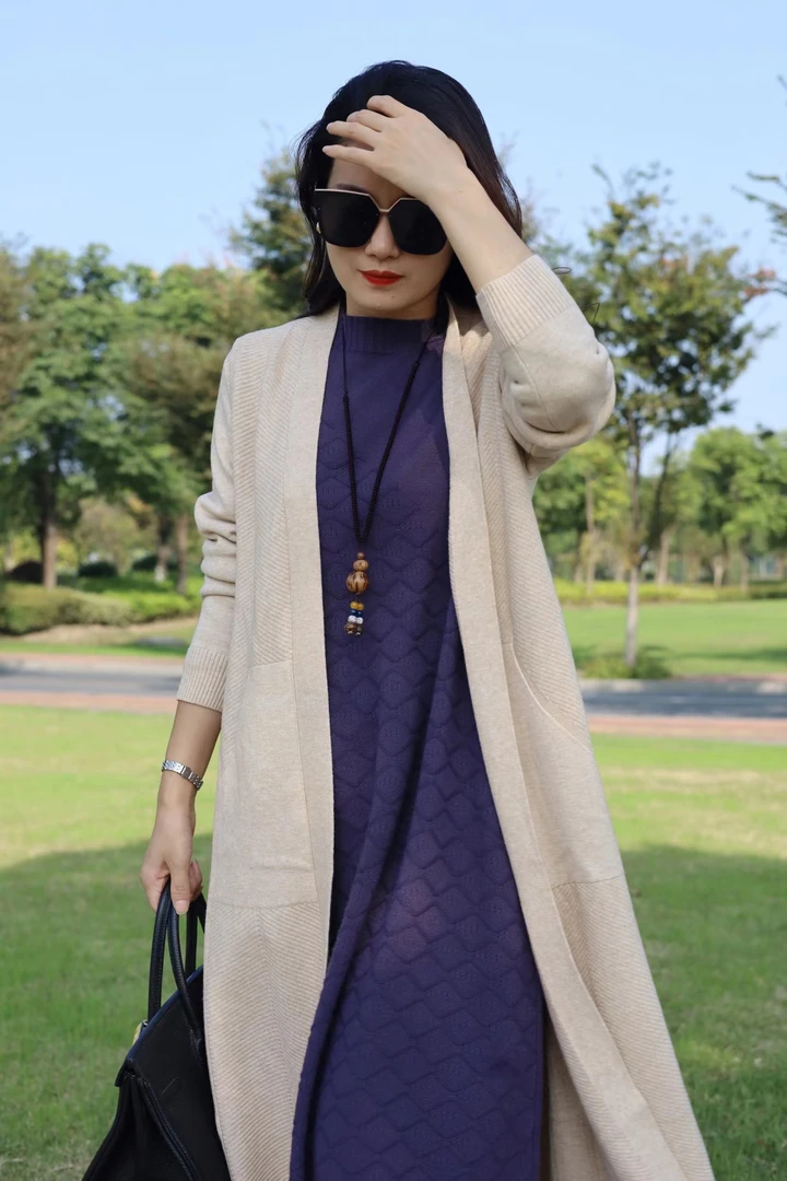 2024新款气质宽侧腰风琴开衫大码长毛衣开衫妈妈装宽松百搭时尚