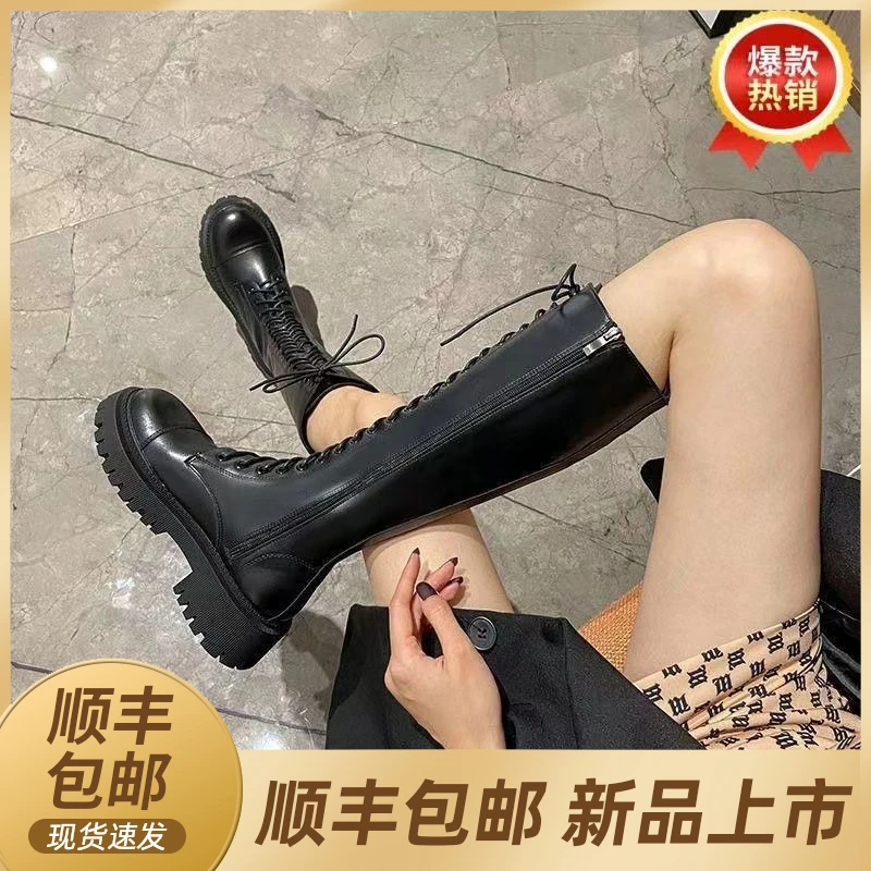 女靴2023新款厚底骑士靴女长靴英伦风大头高筒靴不过膝系带长筒靴